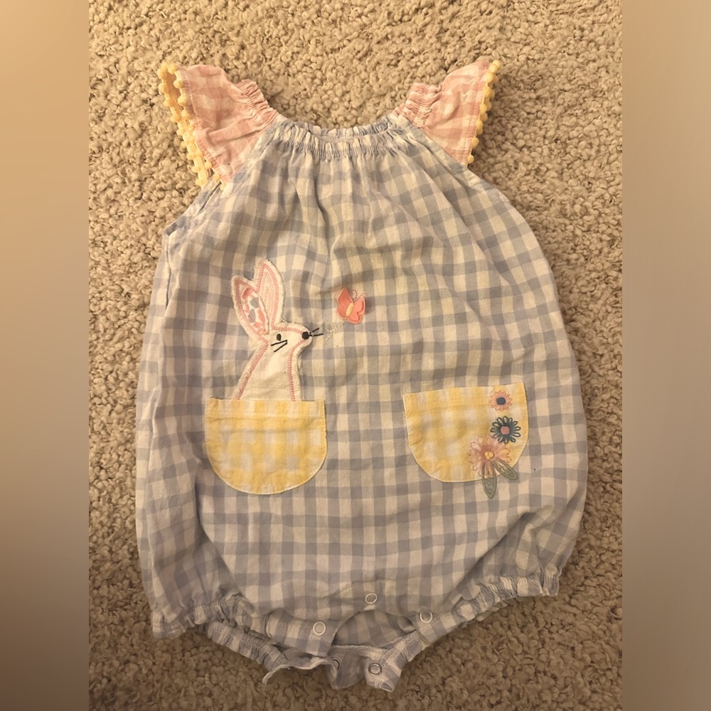 Mud Pie pastel gingham Easter romper baby girl 12-18 months